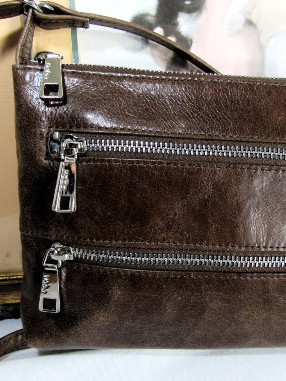 HOBO INTERNATIONAL BROWN XBODY BAG LOTS OF POCKETS GENUINE LEATHER - Picture 7 of 13